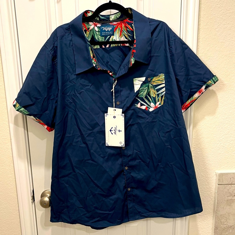 Men’s Voyage Navy and Tropical Print Hawaiian Style Button Down - XXL/2X NWT